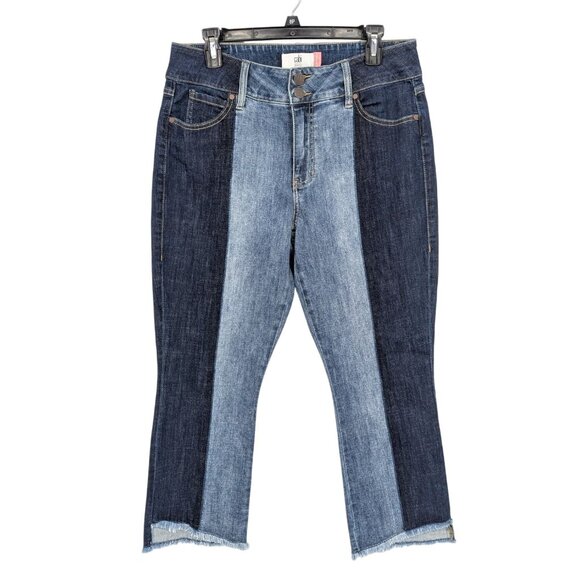 Cabi Hi Low Crop Jeans Women Size 12 Patchwork Two Tone Raw Hem Cowgirl Boho Y2K - Picture 1 of 13
